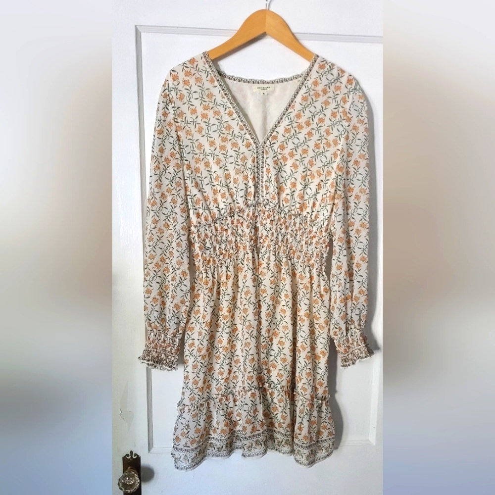 Max Studio- Smocked Floral Mini Dress Cream/Orange/Green- Size Xl